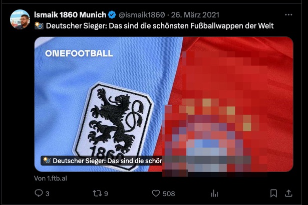 Screenshot von HIs X-Konto. Links das Löwenlogo auf einem Löwentrikot, rechts ein rotes Trikot. Verpixelung von mir, unter der Verpixelung ein Wappen eines Seitenstraßenvereins